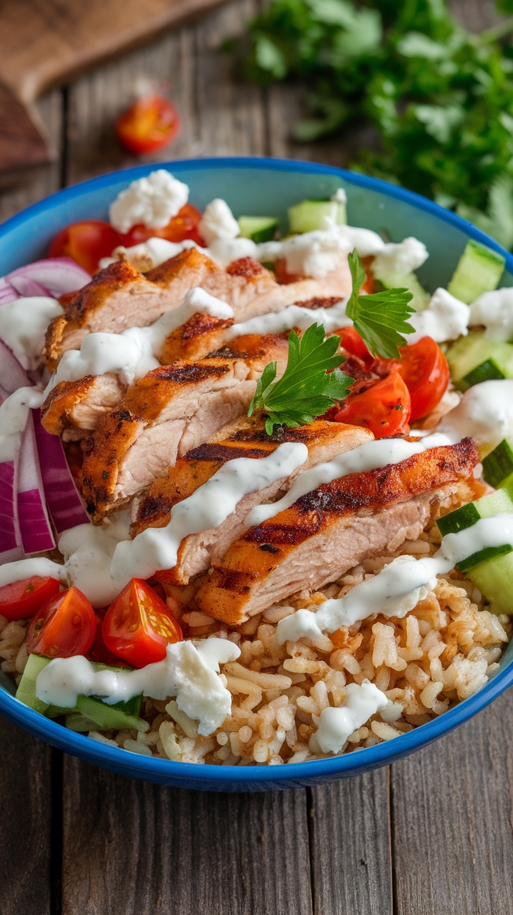 A healthy Greek Chicken Bowl with grilled chicken, vegetables, feta, and tzatziki on a wooden table.